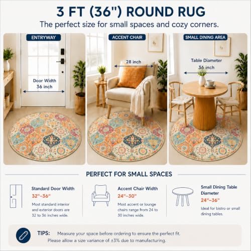 Lahome Round Moroccan Washable Rug, Soft Vintage Small Round Rug 3ft Non-Slip, Ultra-Thin Distress Circle Carpet for Bedroom Entryway Kitchen Bathroom Elise, Burnt Orange - Image 2