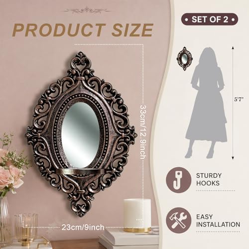 2 Set Vintage Candle Wall Sconce for Home Decor Living Room Bedroom Office Wood Antique Mirrored Victorian Mounted Candlestick Wall Holder Relief Hanging Decor -Brown 11.8in - Image 2