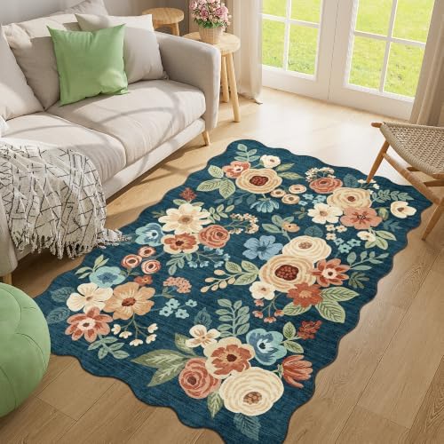DUKINO 3x5 Area Rugs Non Slip Floral Washable Rug for Bedroom Prussian Blue - Image 5