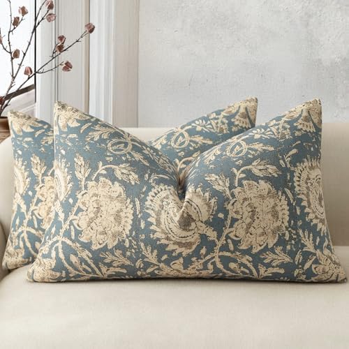 Vintage Floral Print Throw Pillow Covers 12x20 Set of 2 Neutral Modern Farmhouse Pillow Cases Accent Decorative Cushion Covers Boho Home Decor for Couch Sofa Chair Bed Living Room, Dusty Blue by DKwizme