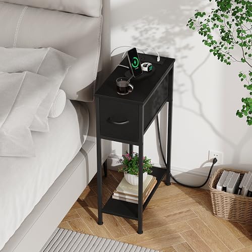 Vagusicc End Table with Charging Station, Narrow Side Table Nightstand with Fabric Drawer, Slim Nightstand for Bedroom, Small Bedside Table, Slim Sofa Side Table for Small Spaces, Black - Image 6