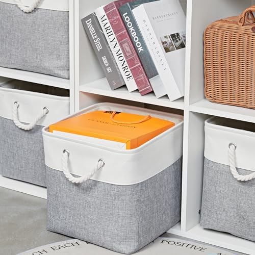 MidmmVick 12 x 12 Inch Cube Storage Bins, 6 Pack Large Collapsible Fabric Storage Bin with Ropes, Foldable Storage Cubes for Home, Office,Closet, Clothes, Toys Organizer (White & Grey) - Image 3