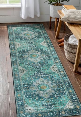 Moynesa Ultra-Thin Washable Vintage Runner Rug - 2'6"x8 Boho Hallway Kitchen Runner Oriental Medallion Bedside Mat Non-Slip Non-Shedding Indoor Throw Carpet for Laundry Entrance, Teal/Mutil by Moynesa