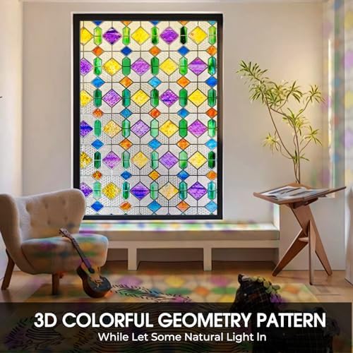 Stained Glass Window Film, 3D Geometric Privacy Static Cling, 23.6"x78.7" - Image 2