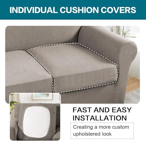 Turquoize 4 Piece Sofa Covers for 3 Cushion Couch Sofa Slipcover Soft Couch Cover for Dogs Washable Furniture Cover with 3 Individual Large Cushion Covers Feature Fabric (Large Sofa, Taupe) - Image 5