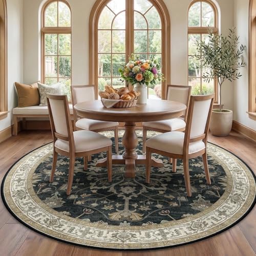 RELEANY Washable Area Rug, Round 7ft, Black/Vintage/Beige by RELEANY