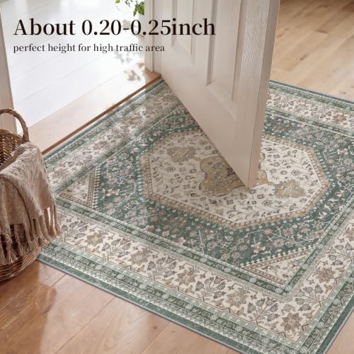 4x4 Square Washable Area Rug - Non-Slip Vintage Throw Rugs Green Beige - Image 4