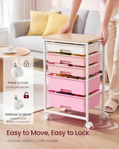VASAGLE Rolling Cart with Drawers,5 Drawers Storage Cart, Pink - Image 5