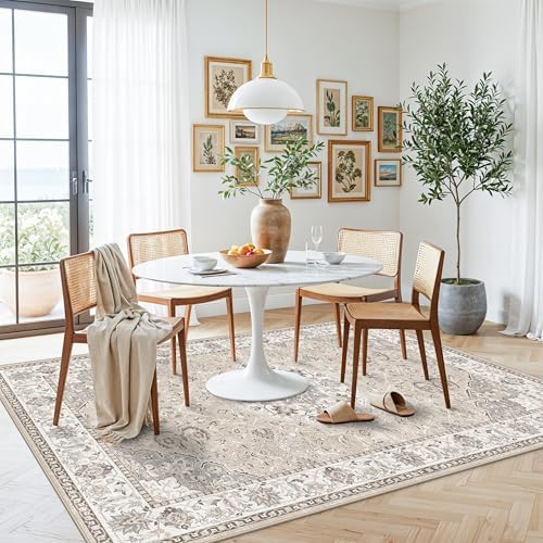 Washable 5x8 Living Room Area Rug: Vintage Water-Resistant Soft Rug for Bedroom Dining Room Non Slip Apartment Low Pile Carpet Thin Floor Mat for Dorm Home Office Printed Beside Rug(5x8，Beige) - Image 2