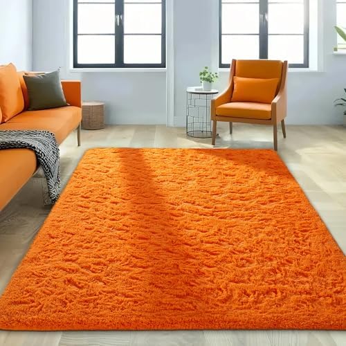 Ophanie Orange Rugs for Living Room Bedroom, 5x8 Fluffy Fuzzy Furry Carpet, Plush Soft Shaggy Bedside Indoor Floor Area Rug for Kids Nursery Home Decor with Over 999 pcs Non-Slip Backing Pattern - Image 5