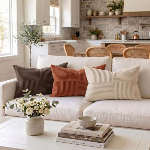 Fancy Homi 2 Packs Rust Lumbar Decorative Throw Pillow Covers 12x20 Inch for Couch Bed Sofa, Rustic Farmhouse Boho Home Decor, Soft Striped Corduroy Rectangle Accent Terracotta Cushion Case 30x50 cm - Image 2