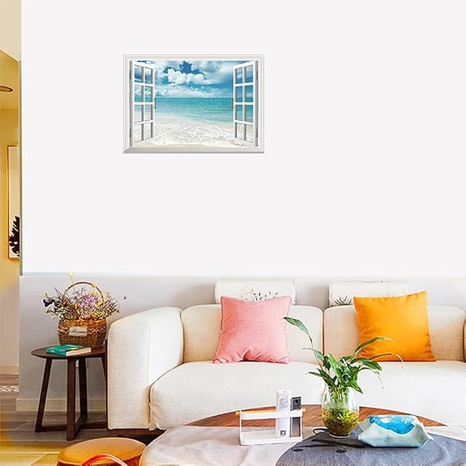 ‌Lmyhome Fake Window Wall Mural White Beach (16"x24") | Peel and Stick Faux Window Wall Sticker Decal Poster for Bedroom Home Decor - Image 2