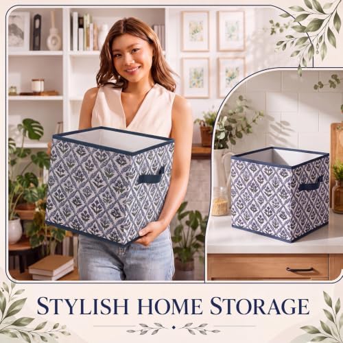 Bokon 6 Pcs 11'' Green Blue Block Print Storage Bins Cube with Handles - Image 4