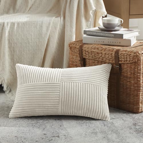 Fancy Homi 2 Packs Cream Lumbar Decorative Throw Pillow Covers 16x28 Inch for Living Room Couch Bed Sofa, Rustic Farmhouse Boho Home Decor, Soft Striped Corduroy Rectangle Accent Cushion Case 40x70 cm - Image 2