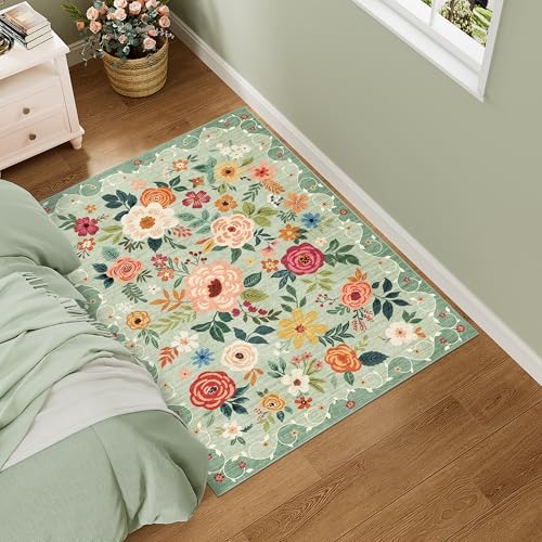 DUKINO 3x4 Area Rug, Floral Washable Rug for Kitchen Non Slip, Green by DUKINO