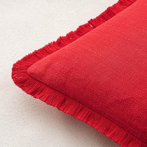 MIULEE Boho Linen Fringe Decorative Throw Pillow Covers Red 20x20 - Image 3