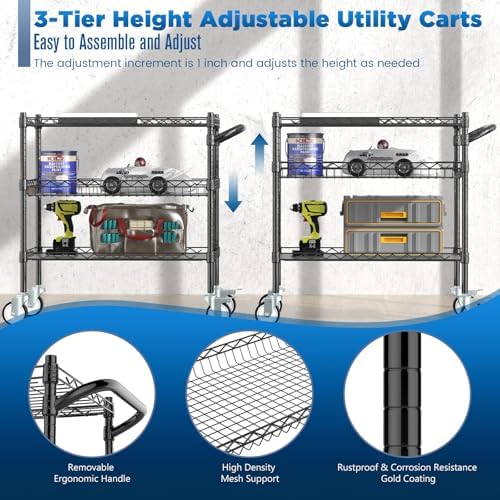 Leteuke 3 Tier Rolling Carts with Wheels, Heavy Duty Rolling Utility Cart - Image 3