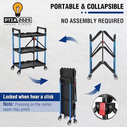 WORKPRO 3-Tier Collapsible Utility Cart, 210 LBS Cart with Wheels - Image 2