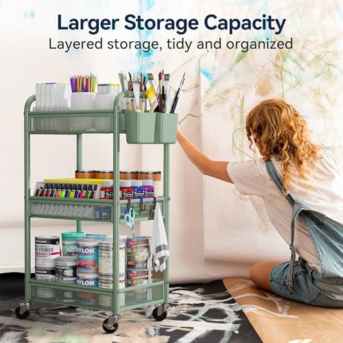 YASONIC 3 Tier Metal Rolling Cart, Green Utility Storage Cart with Wheels - Image 5