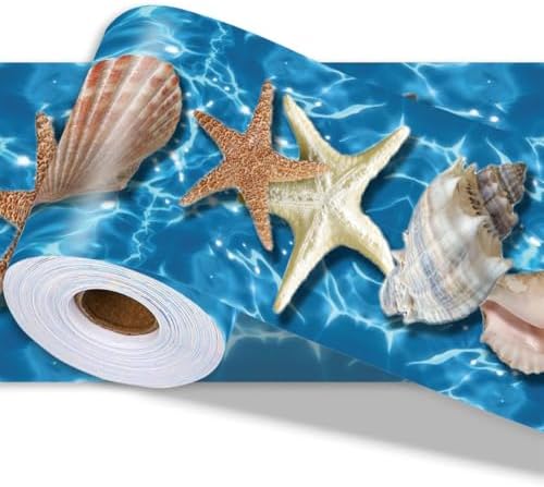 Beach Wallpaper Border Wall Border Trim Peel and Stick 19.7 x 4 Inch Ocean Seashell Starfish Pattern PVC Decorative Molding Stickers for Bathroom Kitchen Backsplash Hotel Home Decoration by PRESSINART