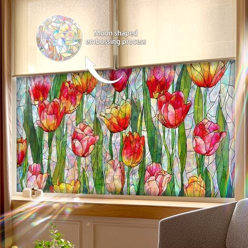 HOMETITUTE Tulip Flower Stained Glass Window Cling 39.3x17.7 Inch PVC - Image 2