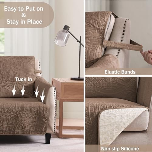 Soft Quilted Couch Cover with Pockets for Extra-Large Sofa, Anti-Slip Sofa Covers Washable for 3 Cushion Pet Friendly, Oversized Sofa Cover Water-Repellent (X-Large Sofa 78", Raw Umber) - Image 4