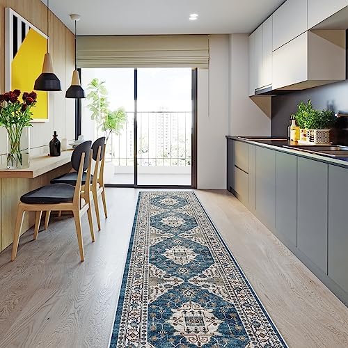 Hallway Washable Runner Rug - 2'6x12 Kitchen Rugs Entryway Rug Runner Vintage Soft Floor Mat Non Slip Indoor Farmhouse Carpet for Bathroom Living Room Bedroom (2'6''x12', Blue) - Image 2