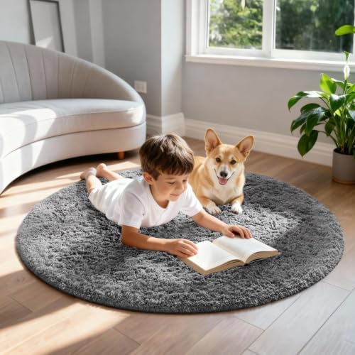 Ophanie Round Rug 4Ft Grey Circle Area Rugs, Fluffy Fuzzy Small Bedroom Carpet 4 Foot, Plush Shag Floor Gray Living Room Christmas Circular Aesthetic Decor for Kids Teen Boys Baby, Nursery, Classroom - Image 5