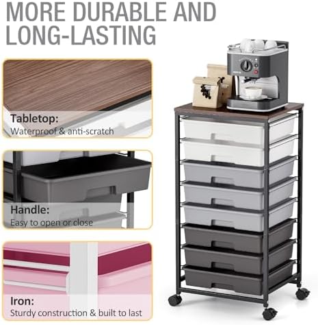 Rolling Storage Cart with 8 Drawers, Utility Cart on Wheels with Wooden Tabletop, Utility Cart for Teacher Storage, Office Organizer, Classroom Storage Cart, Craft Storage, Grey - Image 5