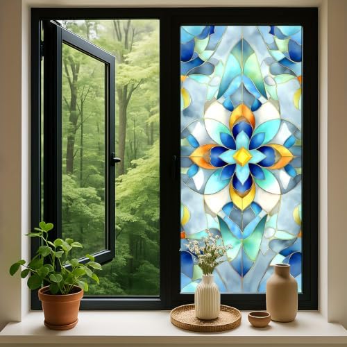 Privacy Window Film 17.5x38.3 Inches, Geometric Stained Glass Decorative Window Sticker, Blue & Green Frosted Glass, Anti-UV, Static Cling for Home, Bathroom, Office (Retro Blue) - Image 2