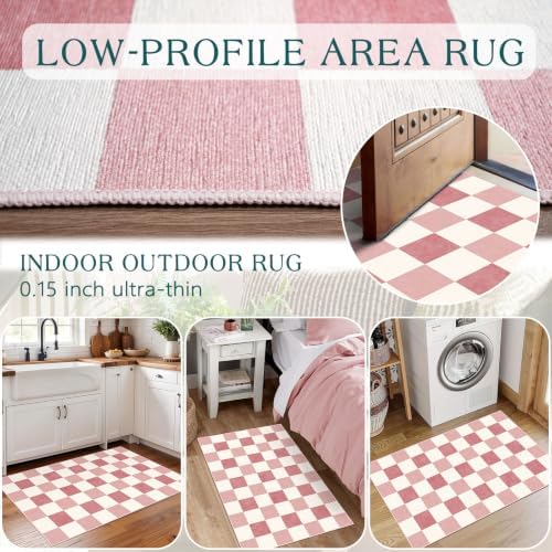 Front Door Mat Outside Entrance - 2x3 Cute Pink White Checkered Rug - Image 5