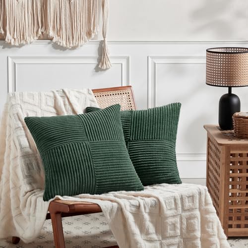 Fancy Homi Set of 2 Dark Green Decorative Throw Pillow Covers 28x28 Inch for Bedroom Couch Bed, Boho Farmhouse Forest Green Home Decor, Soft Corss Corduroy Patchwork Textured Cushion Case 71x71 cm - Image 6
