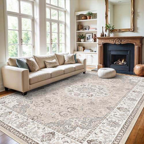 Washable Large 9x12 Area Rug - Living Room Oriental Non Slip Soft Rugs Indoor Low Pile Stain Resistant Carpet for Bedroom Dining Room Farmhouse Distressed Thin Home Decor Floor Mat (9x12 Beige) by HYHAOYUNLAI