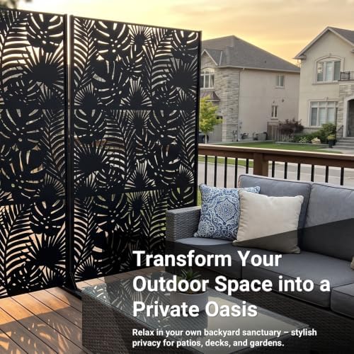 Metal Privacy Screen Outdoor – 72in Decorative Laser Cut Steel Garden Divider Panel with Tropical Leaf Design, Weatherproof Freestanding Modern Privacy Fence for Patio, Deck, Backyard & Balcony - Image 2