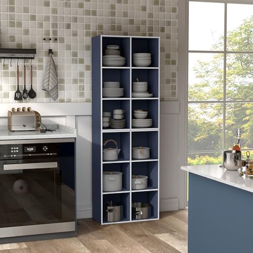 Homes: Inside + Out Apexa 6-Cube Storage Organizer Shelves, Stackable Wood Bookcase Fits Cubby Bins for Organization, Dorm Teen Room Decor & Home Office, Steel Blue - Image 2