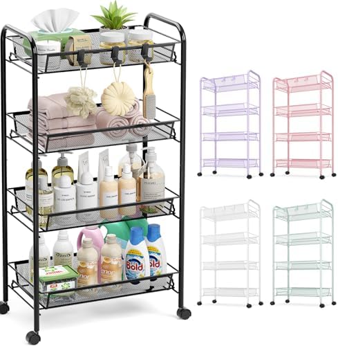TOOLF 4-Tier Rolling Cart, Metal Utility Cart with 3 Hooks, Easy Assemble Mobile Storage Trolley On Wheels, Metal Shelving Units Kitchen Bathroom Laundry Room by TOOLF