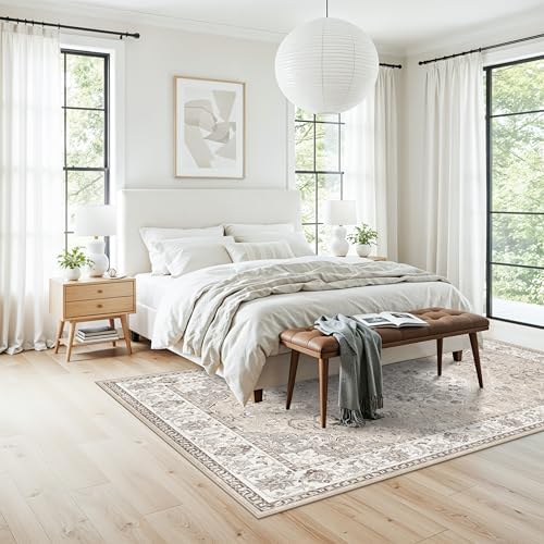 Washable 5x8 Living Room Area Rug: Vintage Water-Resistant Soft Rug for Bedroom Dining Room Non Slip Apartment Low Pile Carpet Thin Floor Mat for Dorm Home Office Printed Beside Rug(5x8，Beige) - Image 6