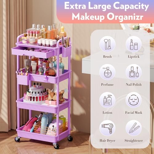 SUNALLY Makeup Cart Organizer with Drawer,4 Tier Rolling Makeup Cart,Purple - Image 4