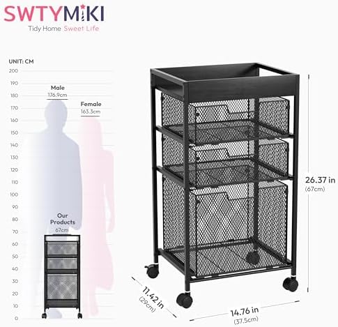SWTYMIKI Rolling File Cart with Drawers - 4 Tier Under Desk Storage Craft Rolling Organizer Cart - Office Storage &Organization, Mobile Metal Filing Cabinet for Office and Home Black - Image 3