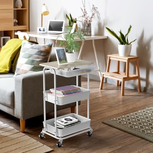 Simple Houseware 3-Tier Rolling Utility Cart with Drawer & Wood Top, Maple - Image 3