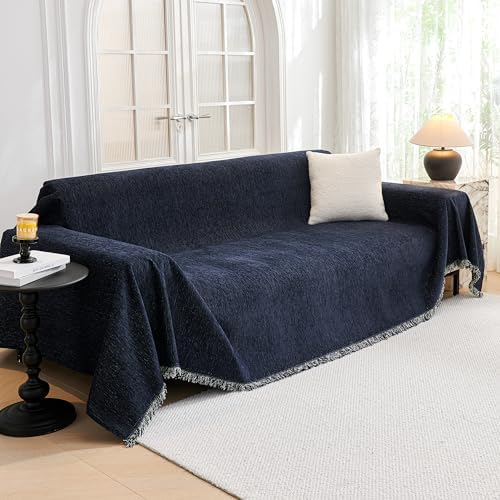 MYSKY HOME Couch Covers - Sectional Couch Covers for Pet Sofa, Non Slip Soft Couch Cover, Washable Furniture Protector with Tassel Sofa Throws, Living Room, 91"x118", Navy Blue by MYSKYHOME