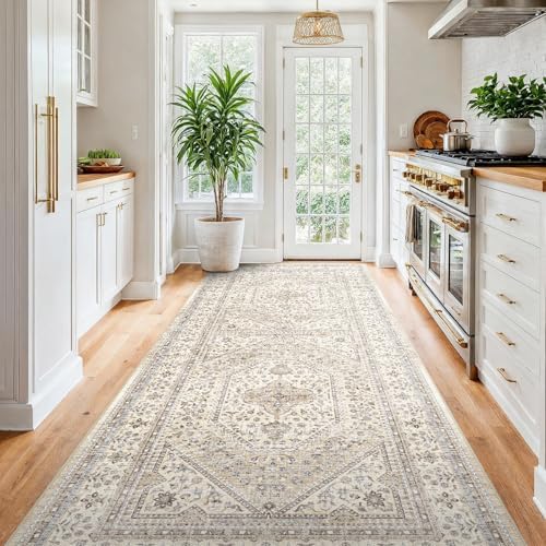 4x8 Washable Hallway Runner Rug - Non-Slip Vintage Kitchen Rugs Beige Gray - Image 2