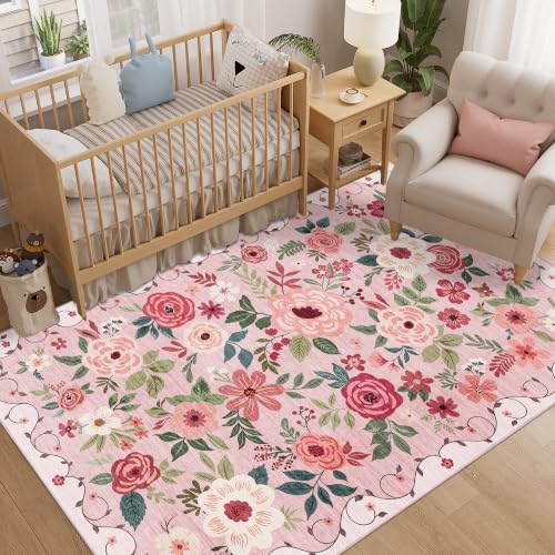 DUKINO 5x8 Area Rug for Bedroom, Soft Floral Washable Rug Non Slip, Pink - Image 3
