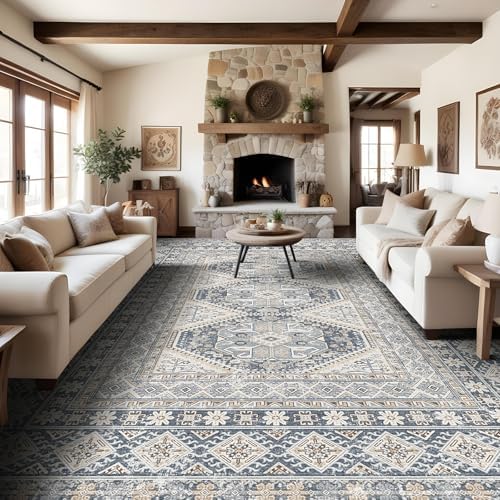 Ksrau 10x14 Area Rug Washable Vintage: Non Slip Living Room Large Rugs Blue by Ksrau