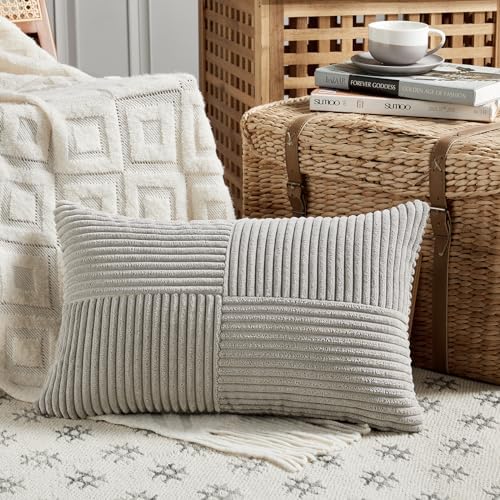 Fancy Homi 2 Packs Neutral Grey Lumbar Decorative Throw Pillow Covers 16x28 Inch for Living Room Couch Bed Sofa, Farmhouse Home Decor, Soft Striped Corduroy Rectangle Accent Cushion Case 40x70 cm - Image 2