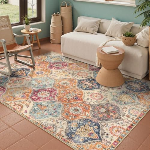 Lahome Moroccan Trellis Washable Small Area Rug, 3x5 Area Rug for Bedroom Living Room, Non-Slip Oriental Accent Throw Carpet for Kitchen Office Entryway Bathroom Office Elise, Cream/Multi by Lahome