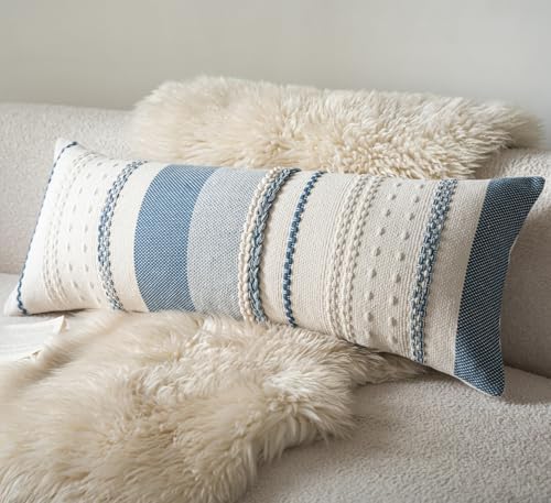 Cethom Boho Lumbar Pillow Covers 14x36 Inch Long, Blue Textured Decorative Couch Pillow Cases for Farmhouse Home Decor, Accent Cushion Cover for Sofa, Bed, Living Room, Bedroom, Pack of 1 by Cethom