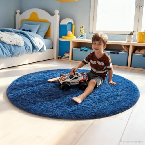 Ophanie Round Rug 4Ft Blue Circle Area Rug, Boys Room Decor, Fluffy Fuzzy Bedroom Carpet, Plush Soft Shaggy Living Room Rugs for Kids Home Decor Aesthetic, Nursery with 99 pcs Pile fibers - Image 3