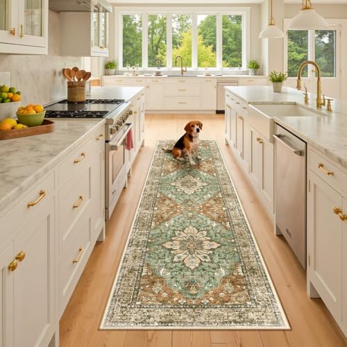 RELEANY Washable Area Rug, Runner 2'6"x8', Brick/Brown/Green - Image 2