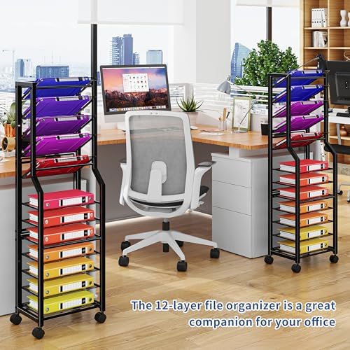 Simple Trending 12 Tier Rolling File Cart, Desk File Organizer with Sliding Trays and Metal Mesh Paper Letter Storage Multi Functional Rolling Clutter Cart for Office, Home, School, Black - Image 6